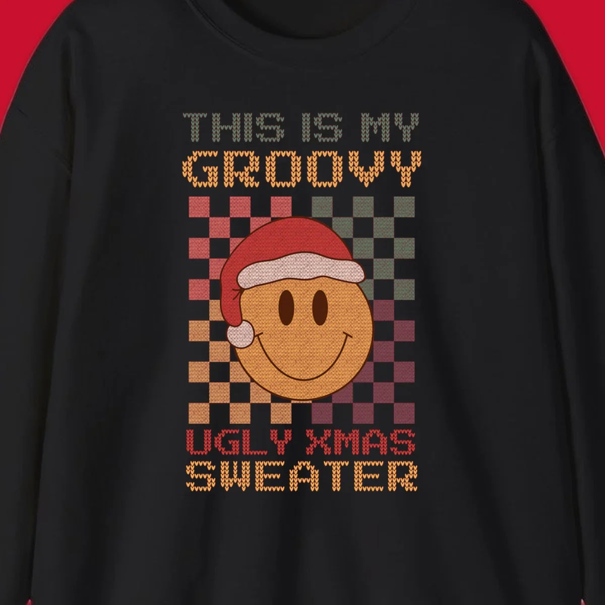 Groovy ugly Christmas sweater design with smiley face, Santa hat, and text.