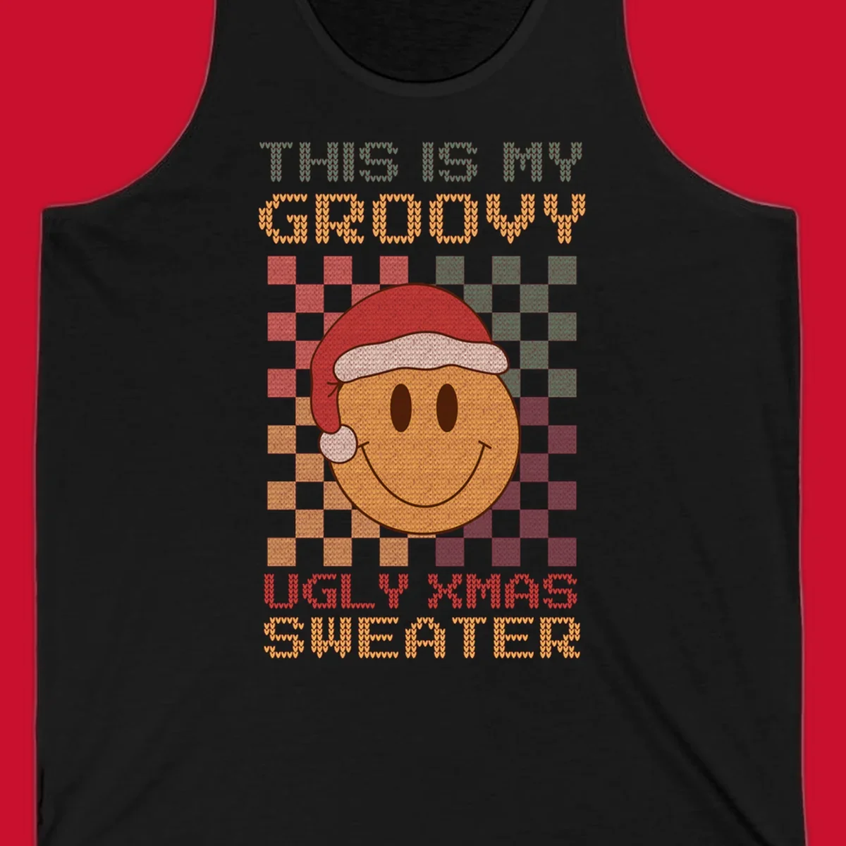 Groovy ugly Christmas sweater design with smiley face, Santa hat, and text.