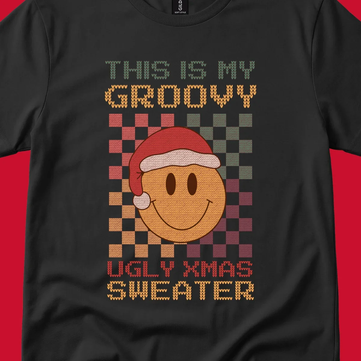 Groovy ugly Christmas sweater design with smiley face, Santa hat, and text.