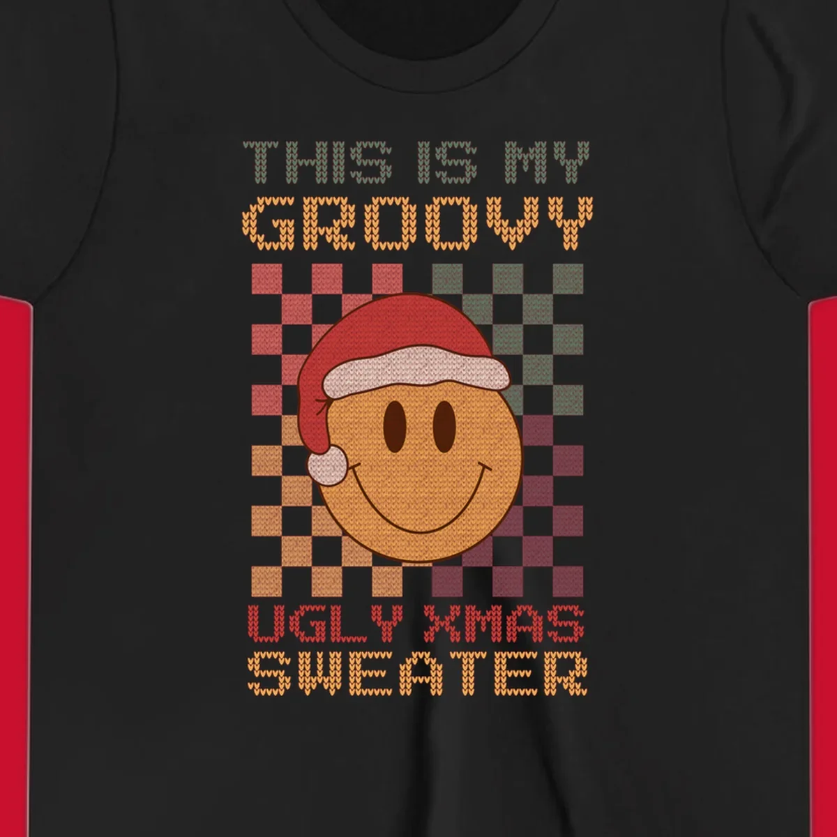 Groovy ugly Christmas sweater design with smiley face, Santa hat, and text.