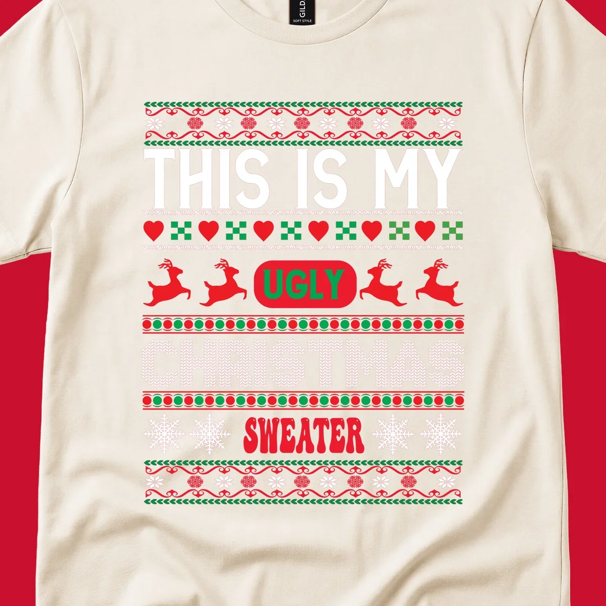 This is my ugly Christmas sweater design with text, reindeer, and snowflakes.