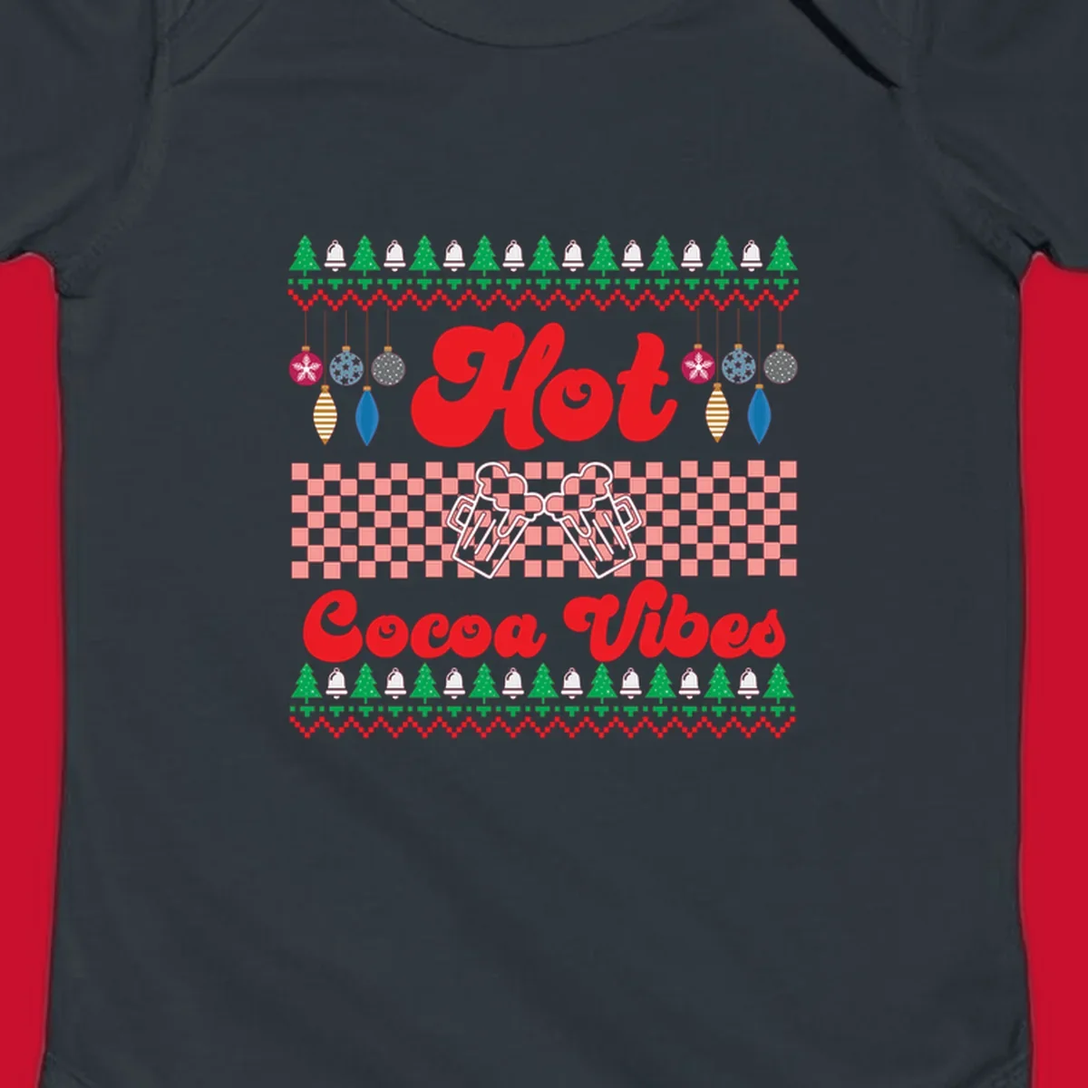 Hot Cocoa Vibes Ugly Christmas sweater design with retro text, Christmas trees, bells, and ornaments.