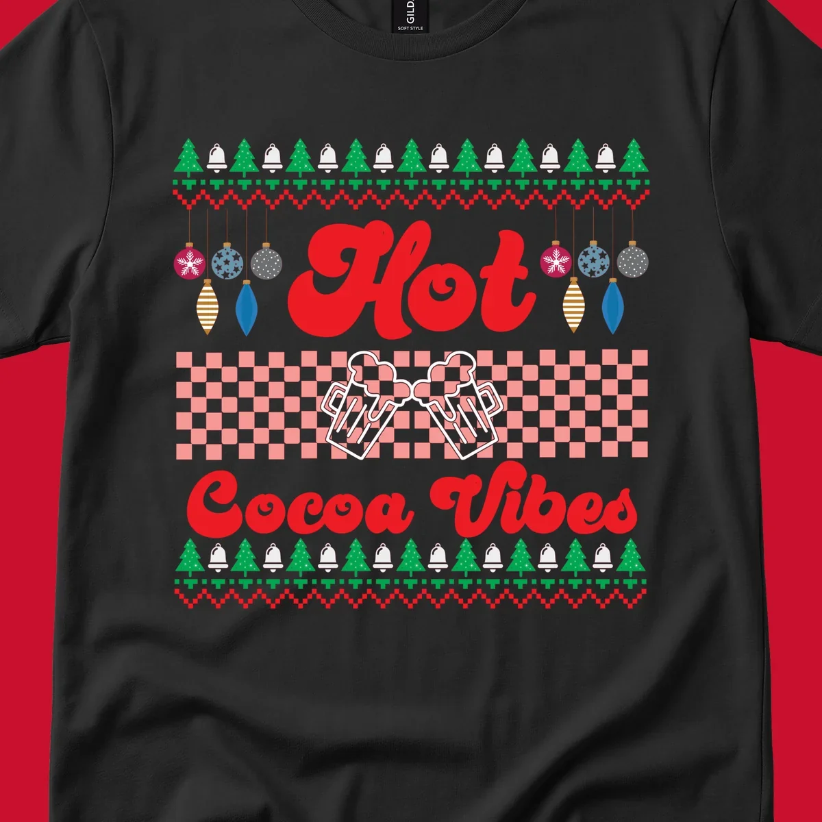 Hot Cocoa Vibes Ugly Christmas sweater design with retro text, Christmas trees, bells, and ornaments.