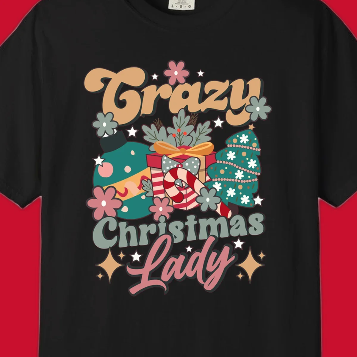 Retro design with text 'Crazy Christmas Lady', Christmas tree, ornament, gift box, and candy cane. Crazy-christmas-lady.