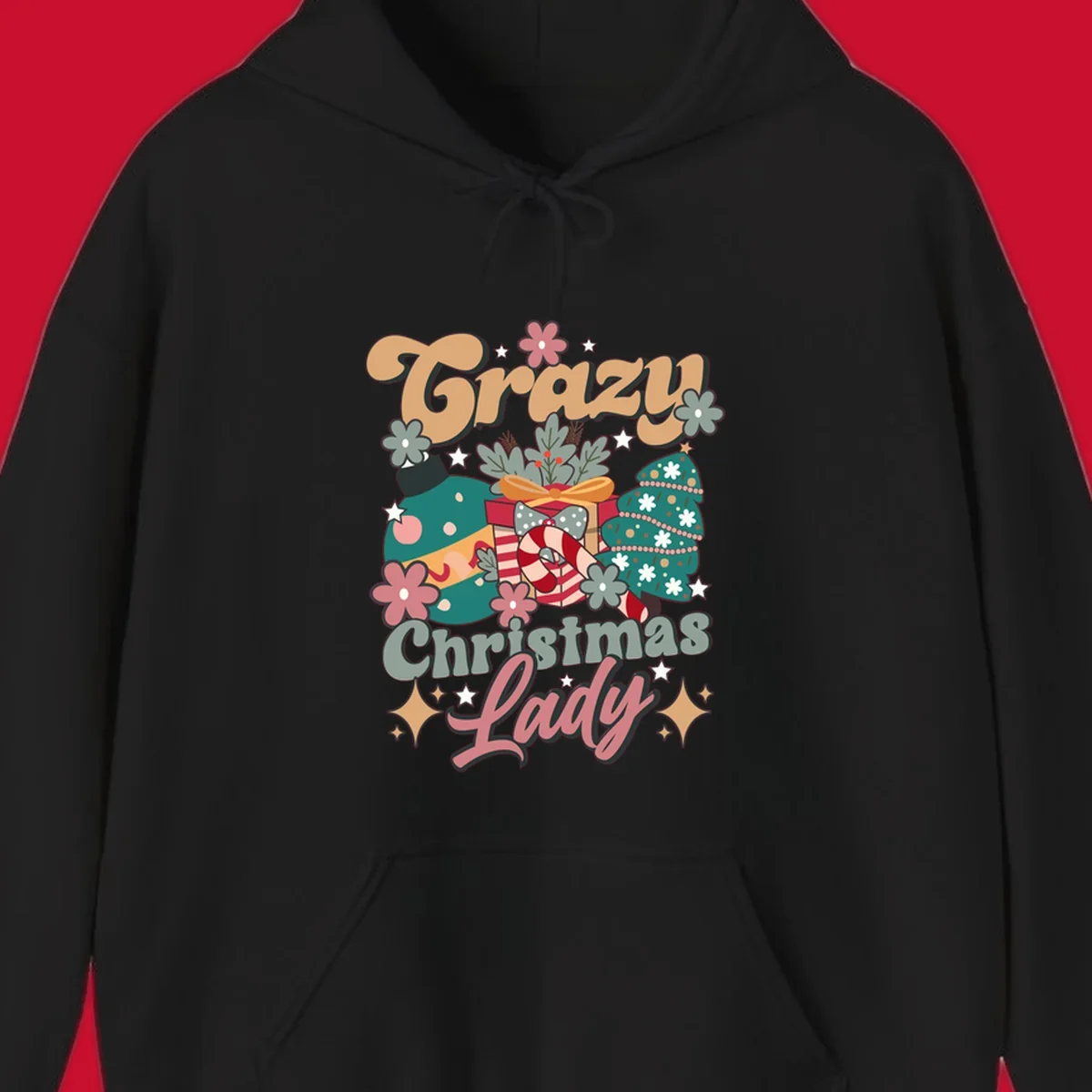 Retro design with text 'Crazy Christmas Lady', Christmas tree, ornament, gift box, and candy cane. Crazy-christmas-lady.