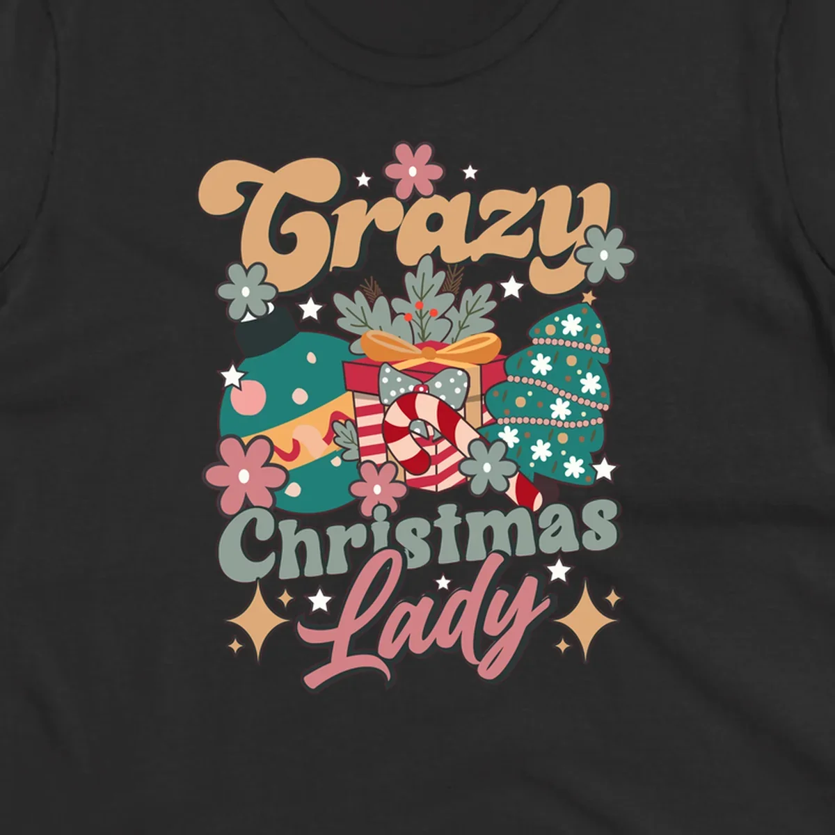 Retro design with text 'Crazy Christmas Lady', Christmas tree, ornament, gift box, and candy cane. Crazy-christmas-lady.
