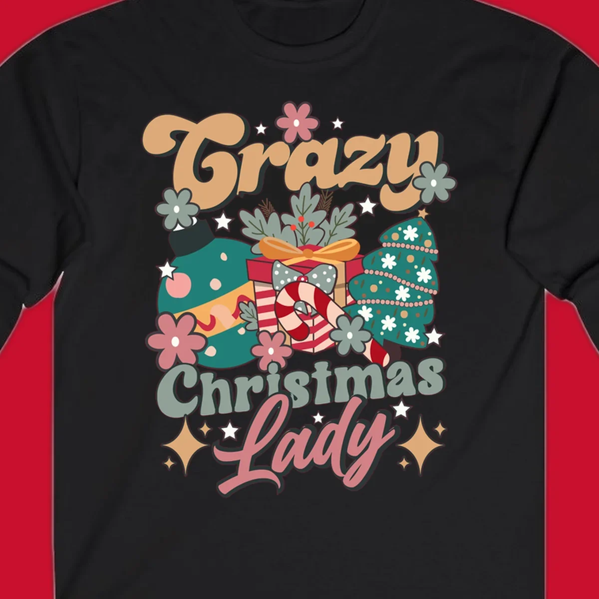 Retro design with text 'Crazy Christmas Lady', Christmas tree, ornament, gift box, and candy cane. Crazy-christmas-lady.