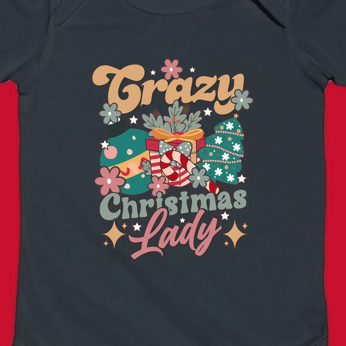 Retro design with text 'Crazy Christmas Lady', Christmas tree, ornament, gift box, and candy cane. Crazy-christmas-lady.