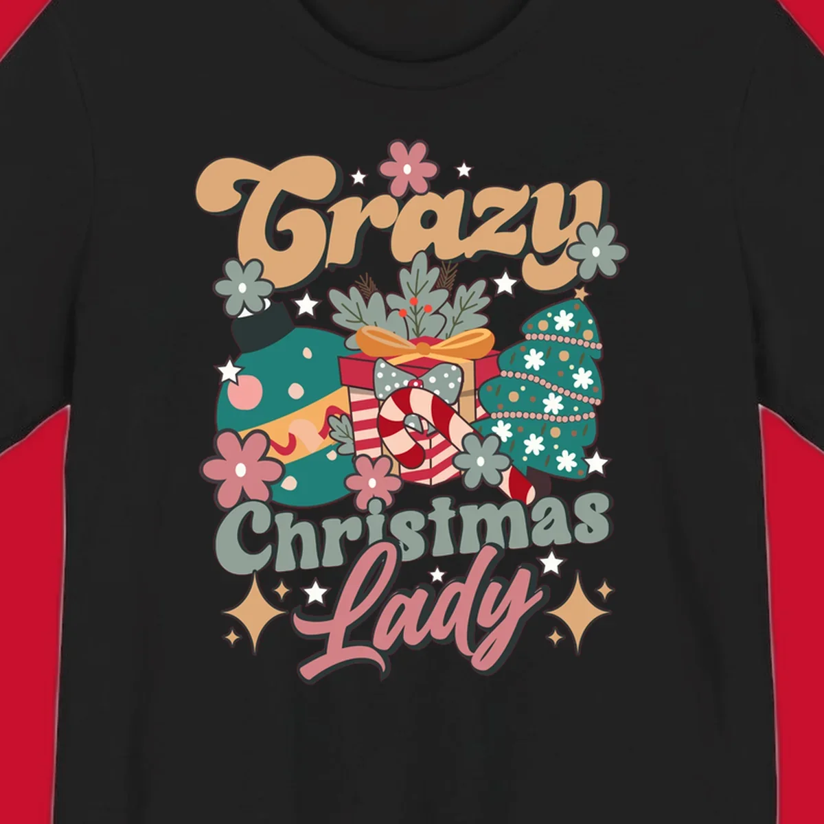 Retro design with text 'Crazy Christmas Lady', Christmas tree, ornament, gift box, and candy cane. Crazy-christmas-lady.