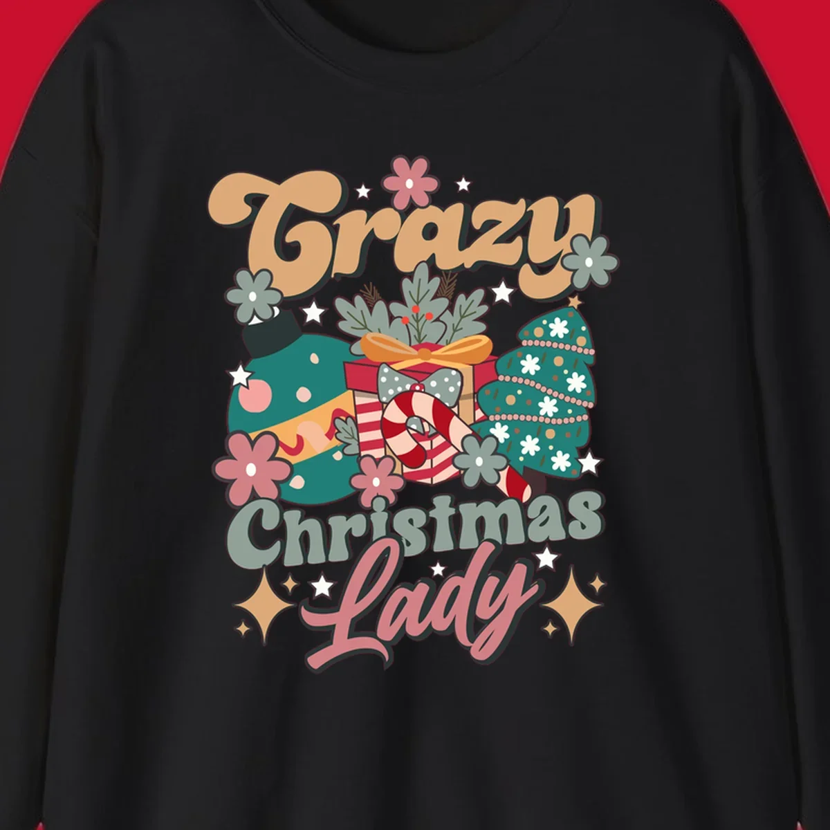 Retro design with text 'Crazy Christmas Lady', Christmas tree, ornament, gift box, and candy cane. Crazy-christmas-lady.