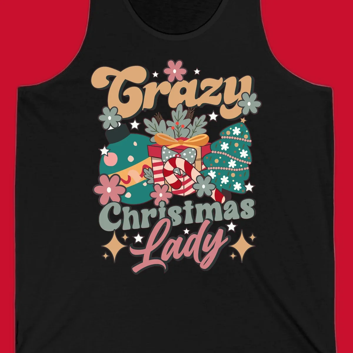 Retro design with text 'Crazy Christmas Lady', Christmas tree, ornament, gift box, and candy cane. Crazy-christmas-lady.