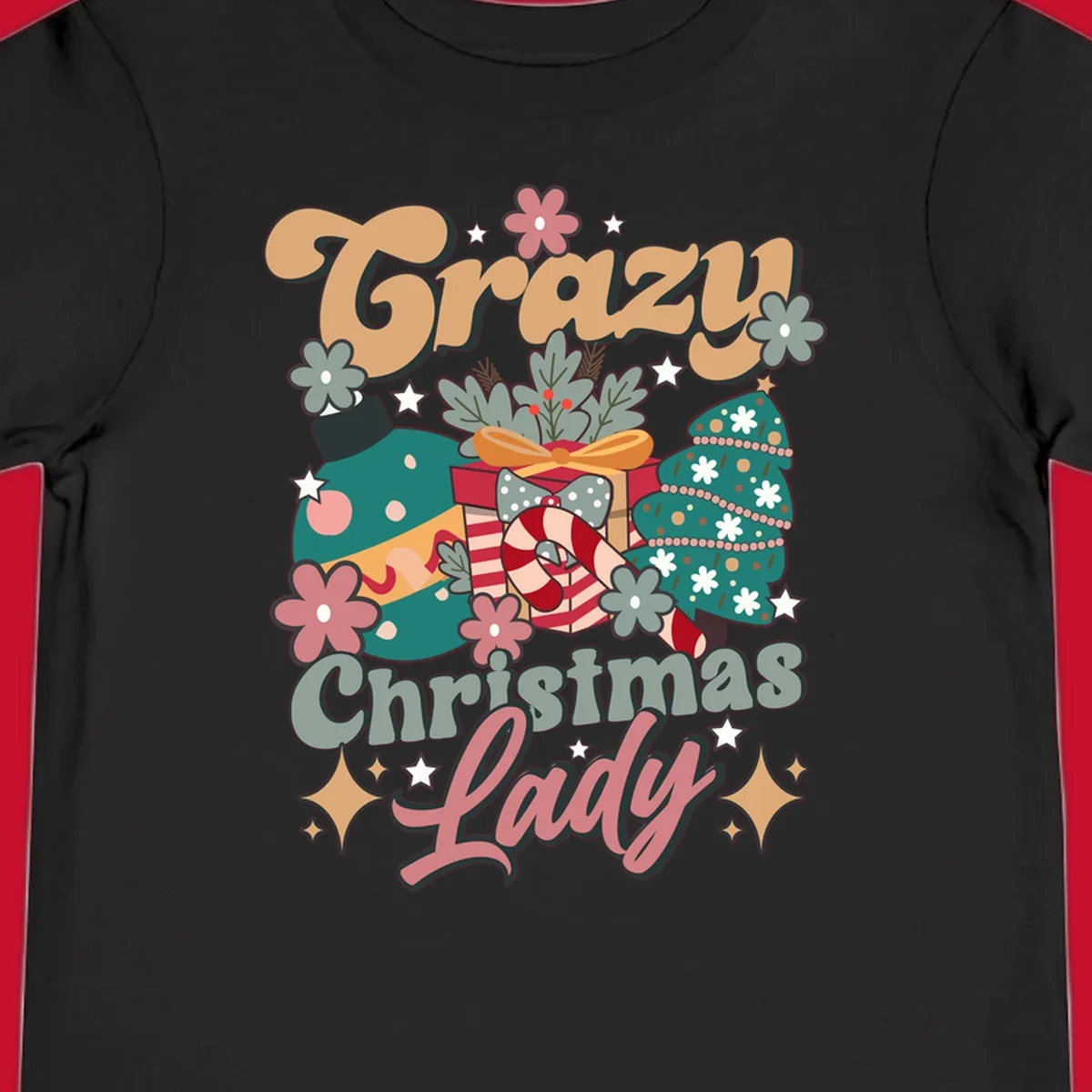 Retro design with text 'Crazy Christmas Lady', Christmas tree, ornament, gift box, and candy cane. Crazy-christmas-lady.