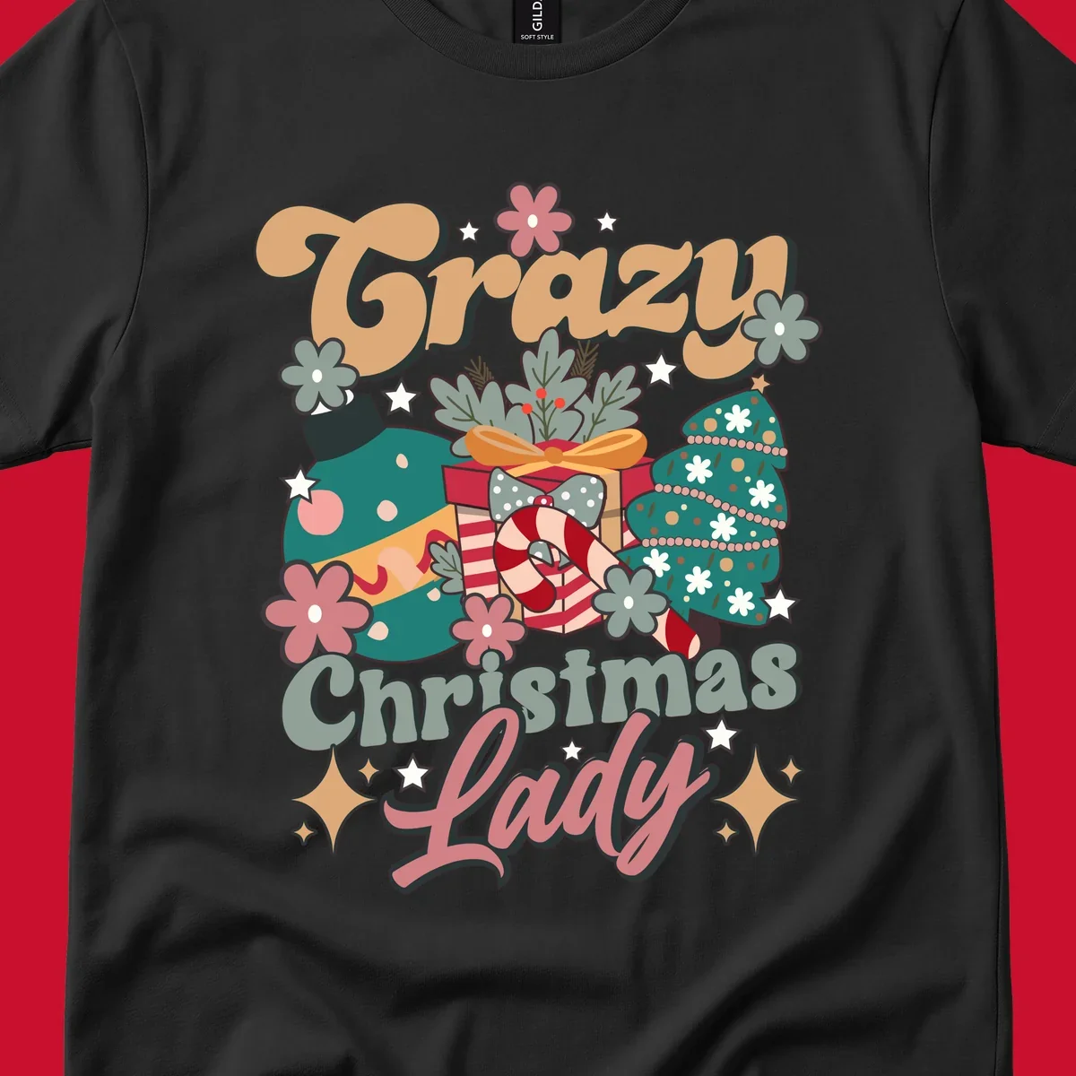 Retro design with text 'Crazy Christmas Lady', Christmas tree, ornament, gift box, and candy cane. Crazy-christmas-lady.