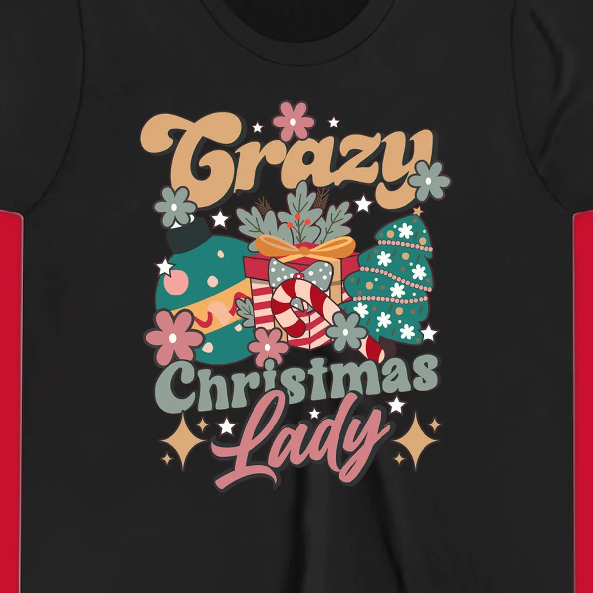 Retro design with text 'Crazy Christmas Lady', Christmas tree, ornament, gift box, and candy cane. Crazy-christmas-lady.
