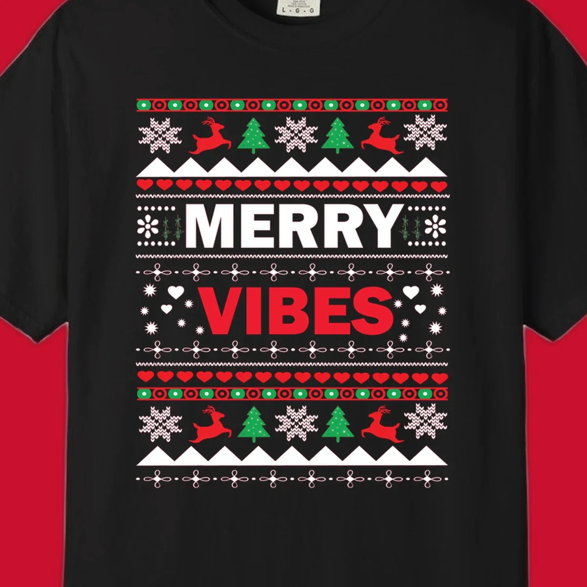 Merry Christmas Vibes ugly sweater design with reindeer, trees, snowflakes, and hearts.