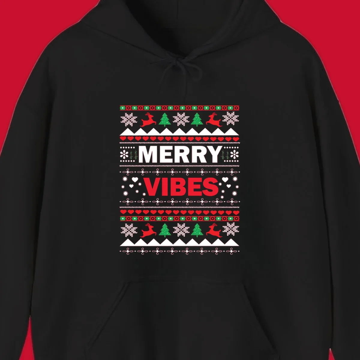 Merry Christmas Vibes ugly sweater design with reindeer, trees, snowflakes, and hearts.