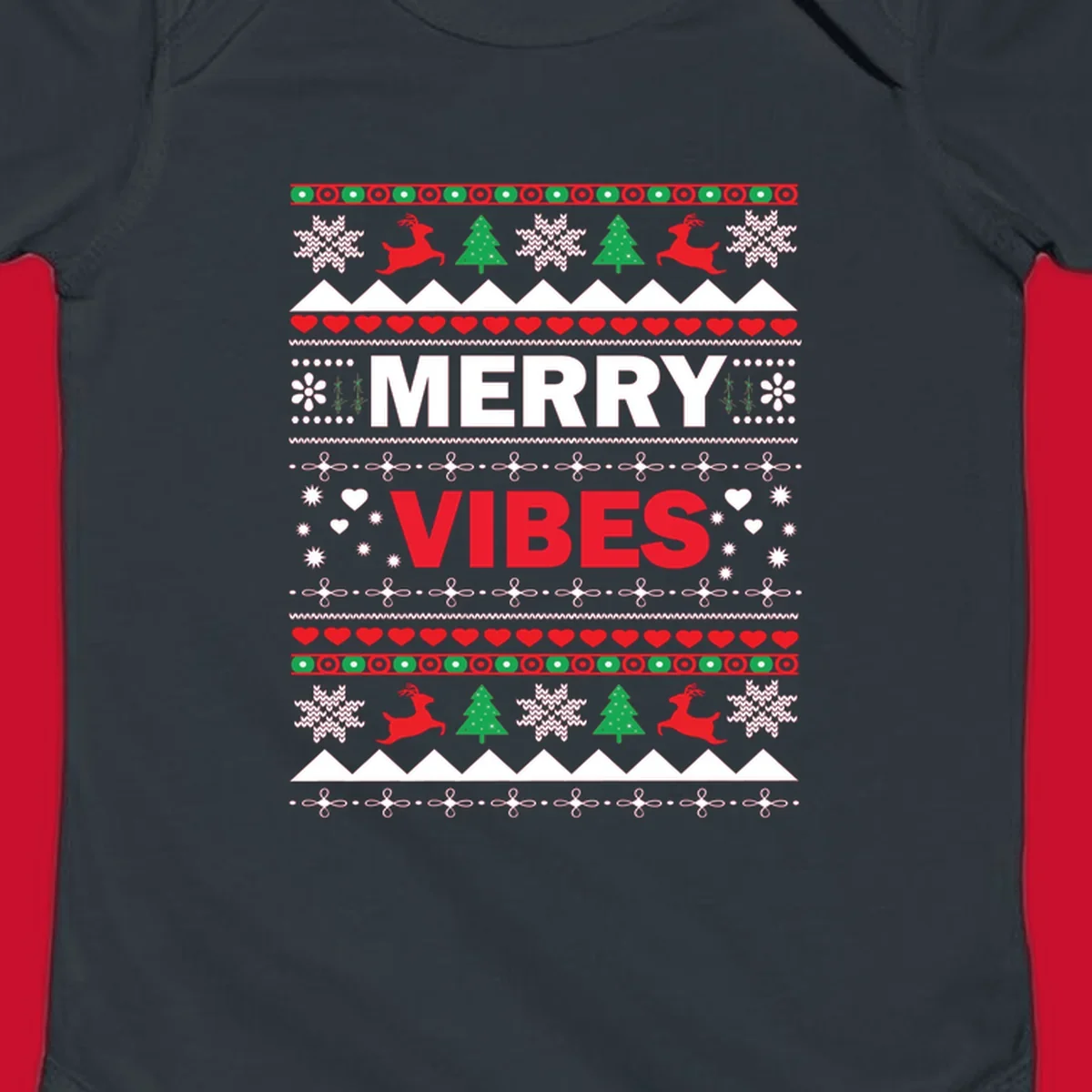 Merry Christmas Vibes ugly sweater design with reindeer, trees, snowflakes, and hearts.