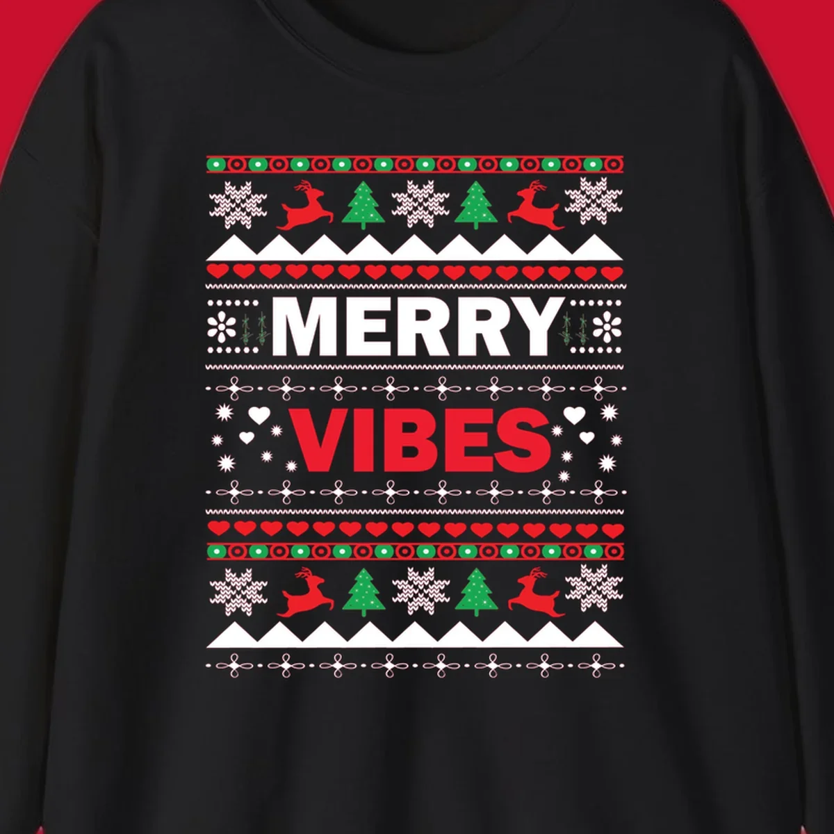 Merry Christmas Vibes ugly sweater design with reindeer, trees, snowflakes, and hearts.
