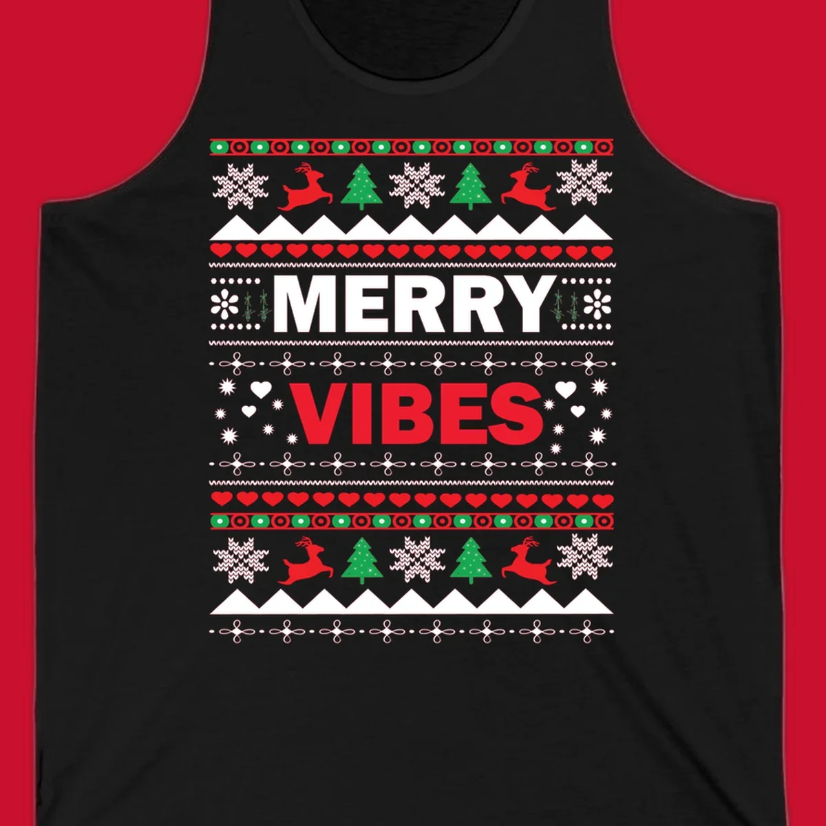 Merry Christmas Vibes ugly sweater design with reindeer, trees, snowflakes, and hearts.