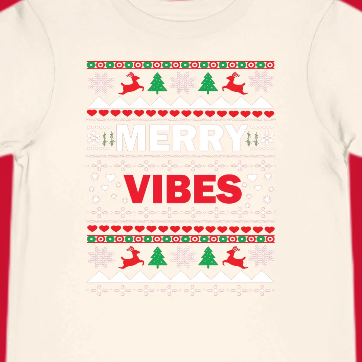 Merry Christmas Vibes ugly sweater design with reindeer, trees, snowflakes, and hearts.