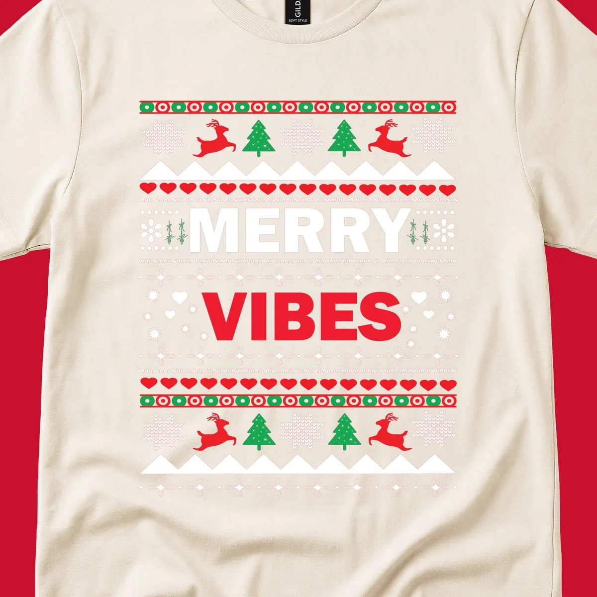 Merry Christmas Vibes ugly sweater design with reindeer, trees, snowflakes, and hearts.