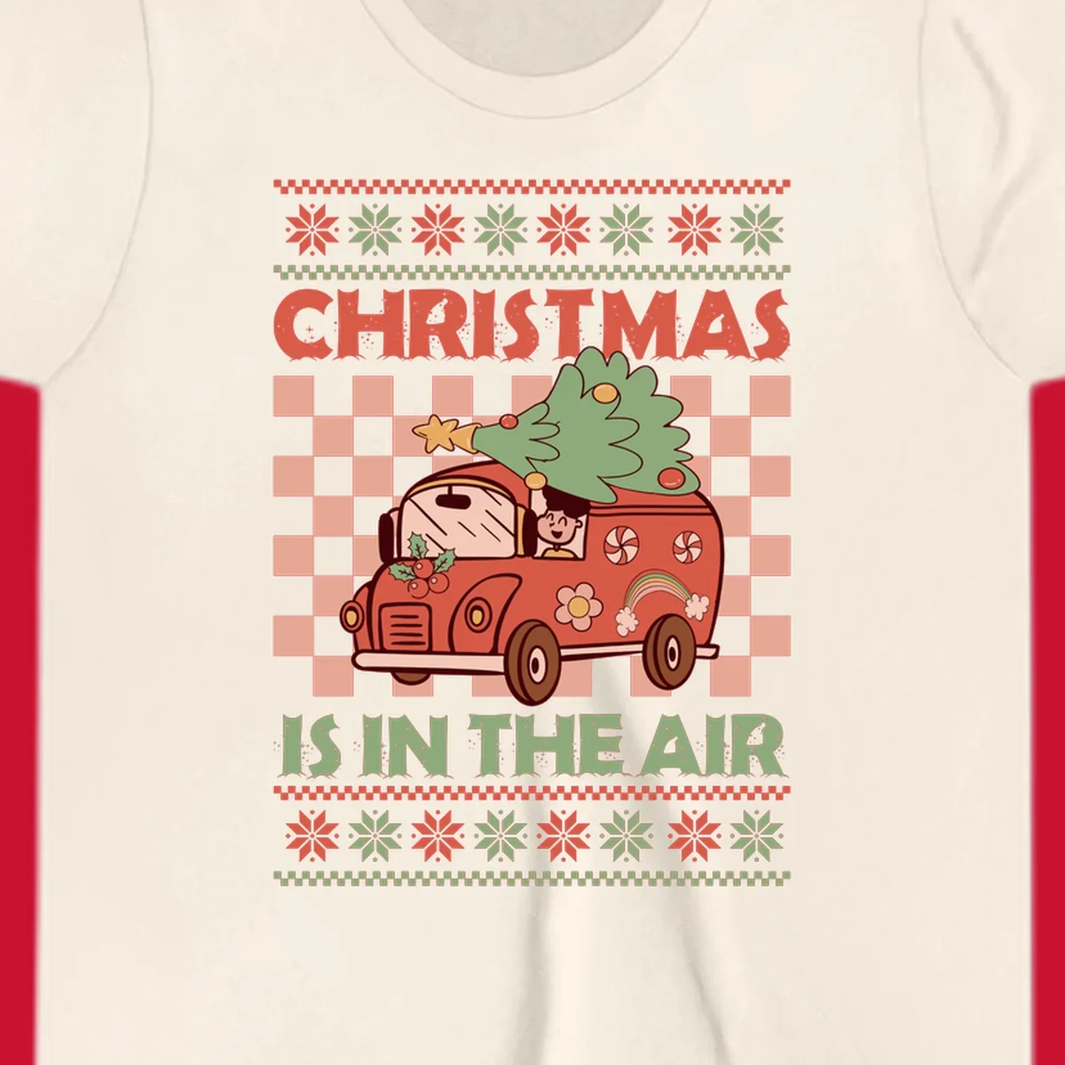 Christmas van with tree on top, text 'Christmas Is In The Air', snowflake borders, checkered pattern.