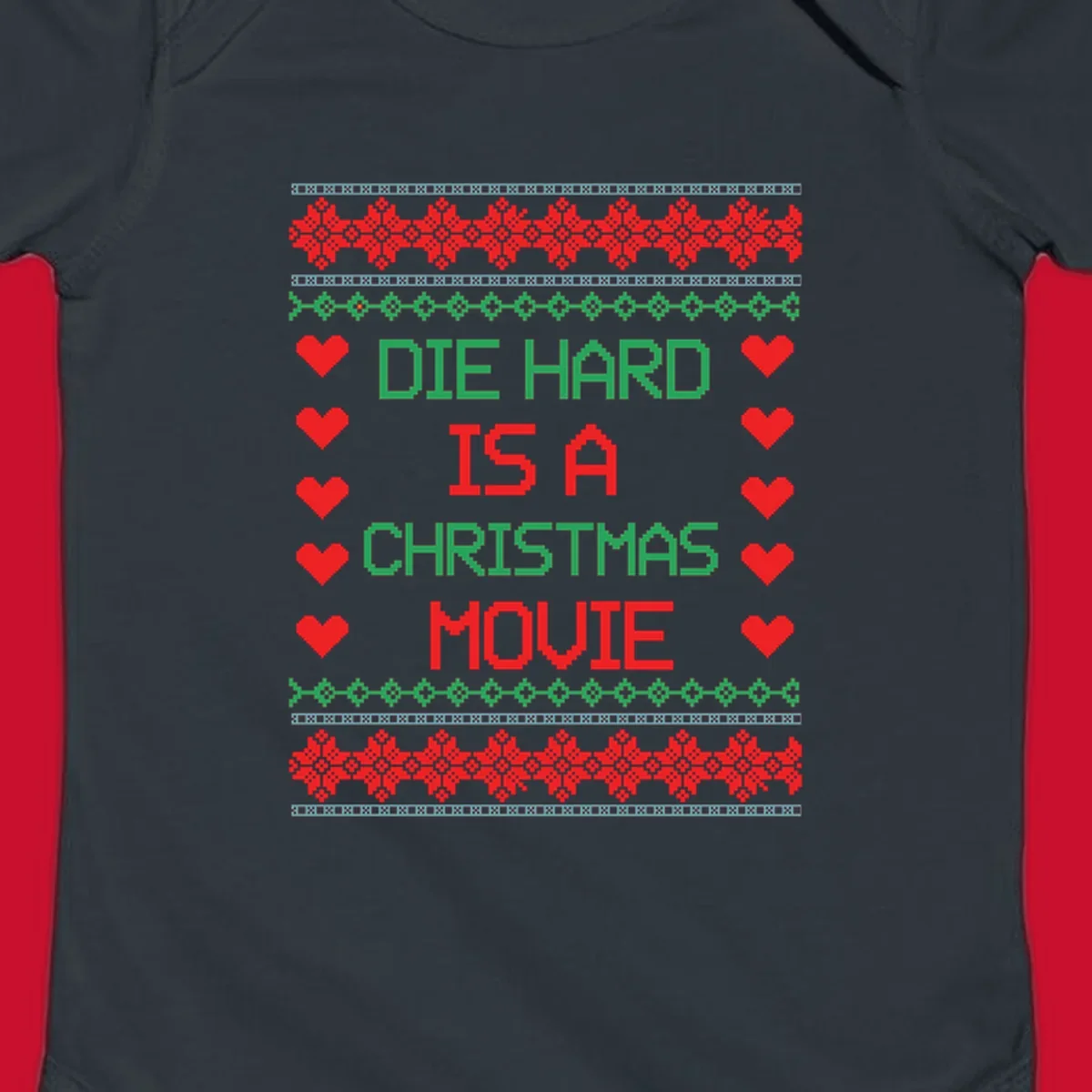 Die Hard is a Christmas Movie pixel art design with red hearts and holiday patterns.