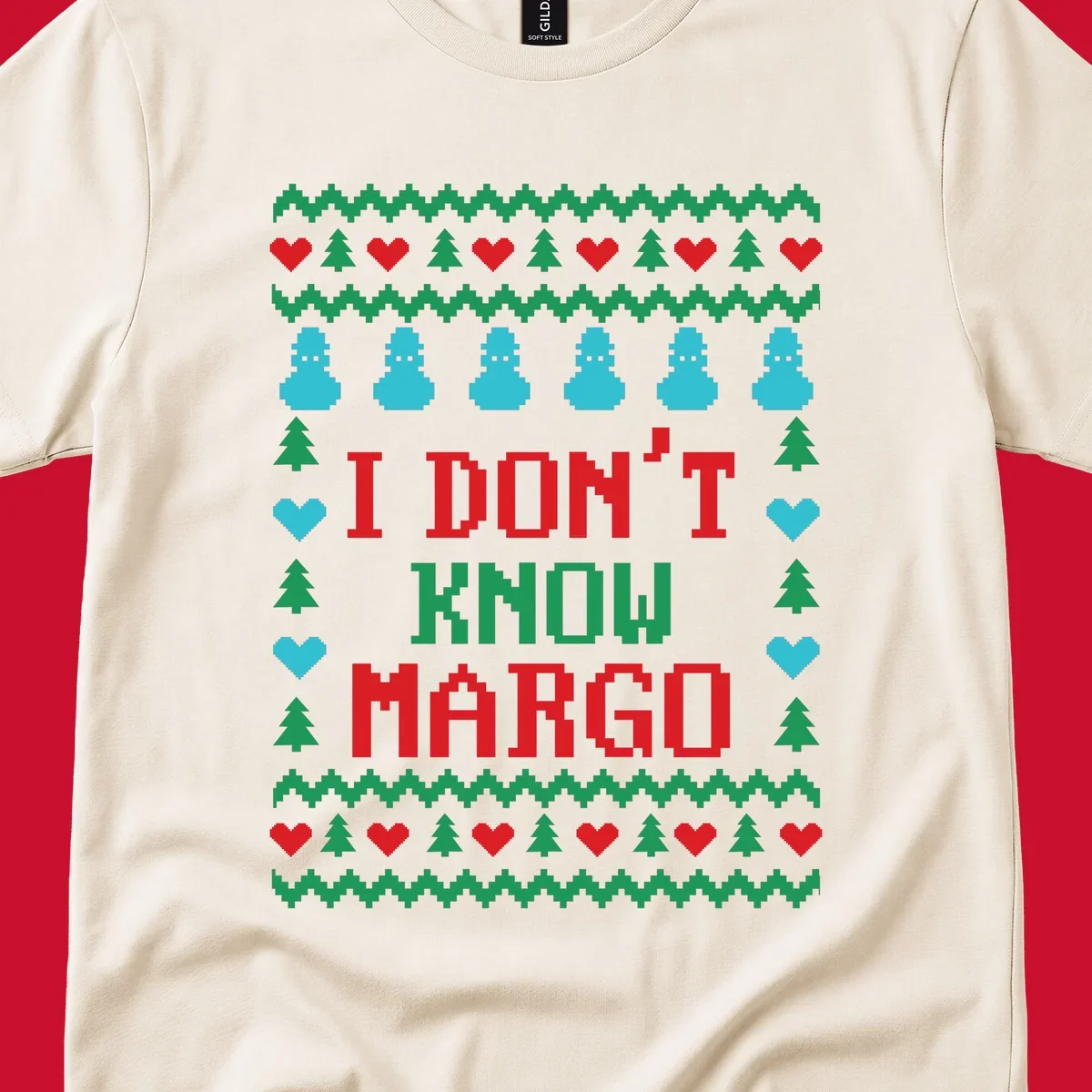Ugly Christmas sweater design with text I DON'T KNOW MARGO, snowmen, hearts, and trees.