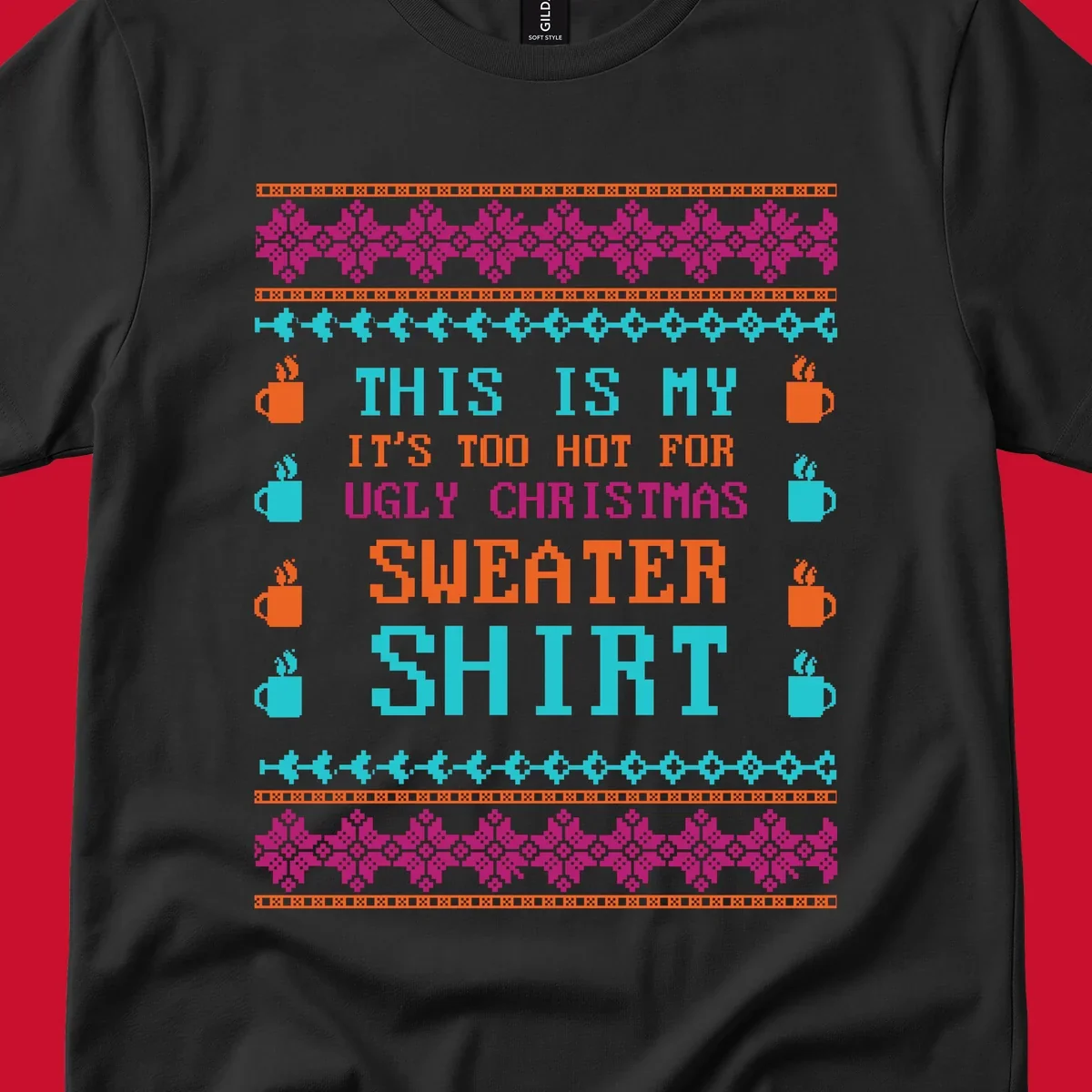 Ugly Christmas sweater shirt design with text 'This Is My Sweater Shirt' and pixelated graphics.