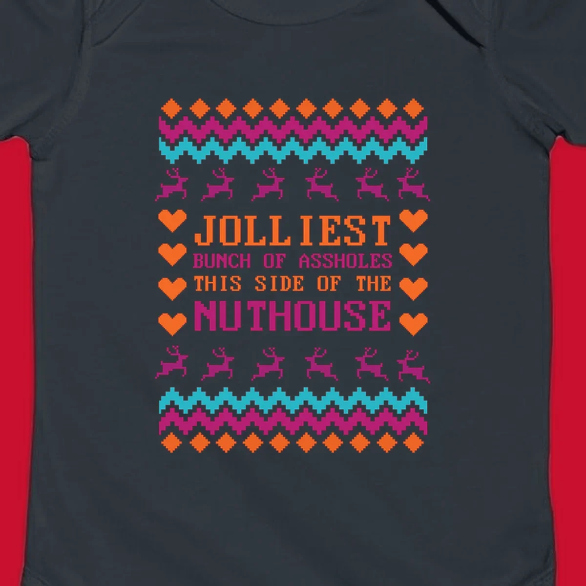Jolliiest Bunch Of Assholes text with reindeer and heart graphics in an ugly sweater pattern.
