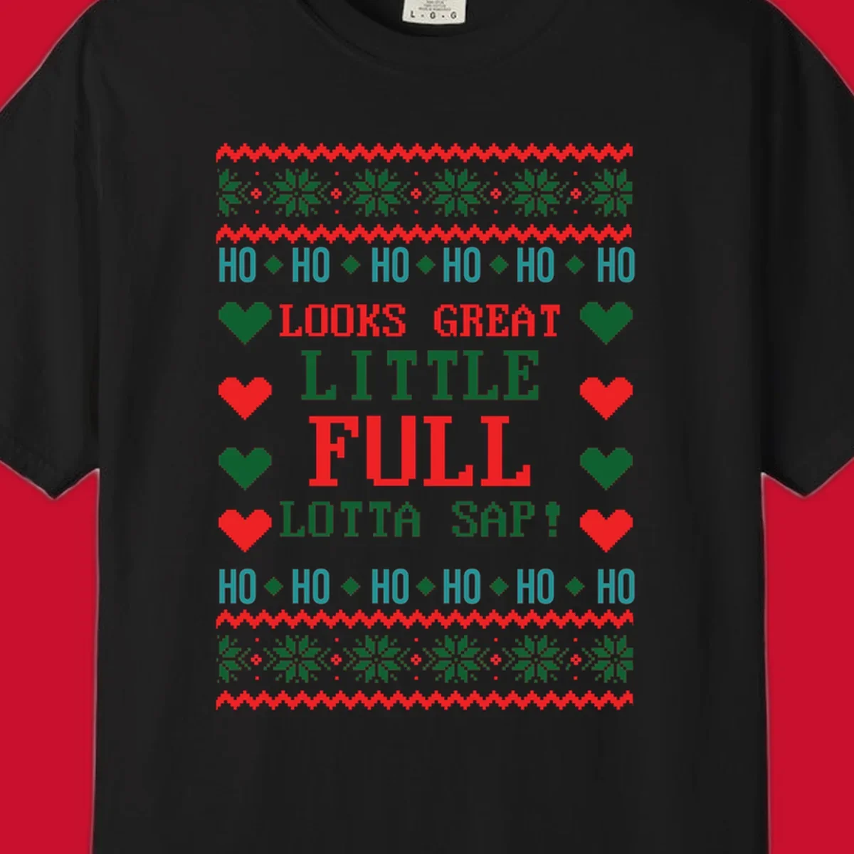 Pixelated ugly Christmas sweater design with 'Ho Ho Ho Lotta Sap!' text and holiday graphics.