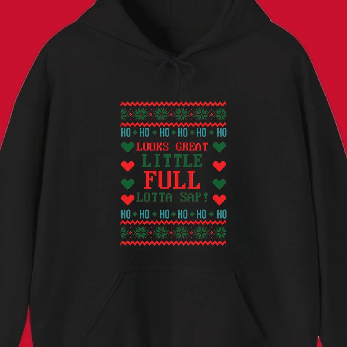 Pixelated ugly Christmas sweater design with 'Ho Ho Ho Lotta Sap!' text and holiday graphics.