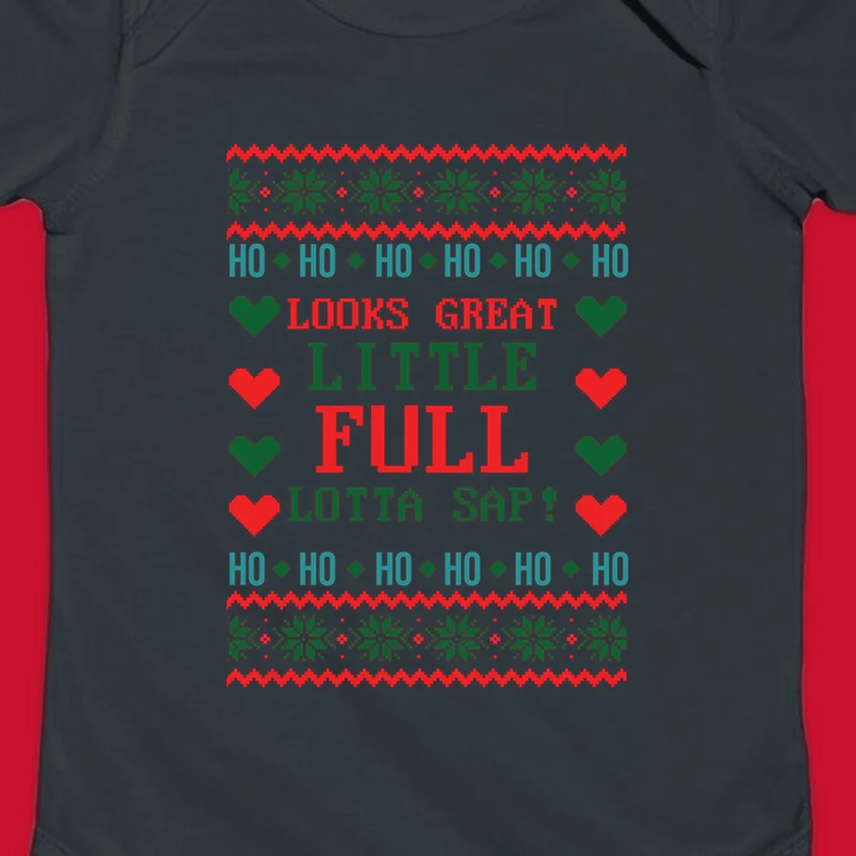 Pixelated ugly Christmas sweater design with 'Ho Ho Ho Lotta Sap!' text and holiday graphics.