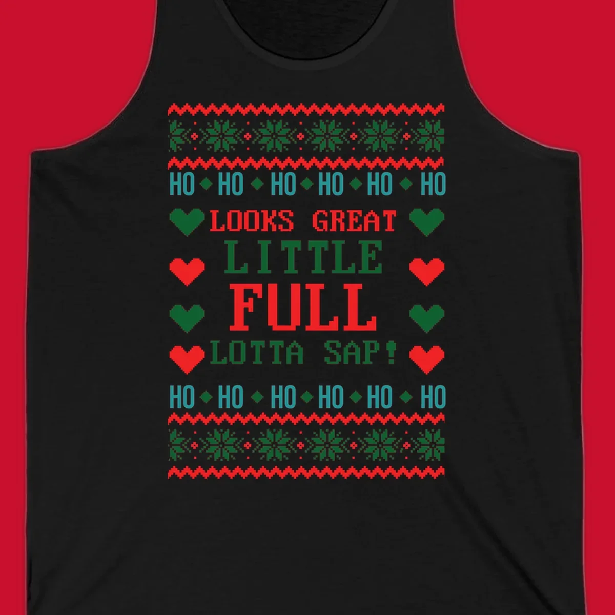 Pixelated ugly Christmas sweater design with 'Ho Ho Ho Lotta Sap!' text and holiday graphics.