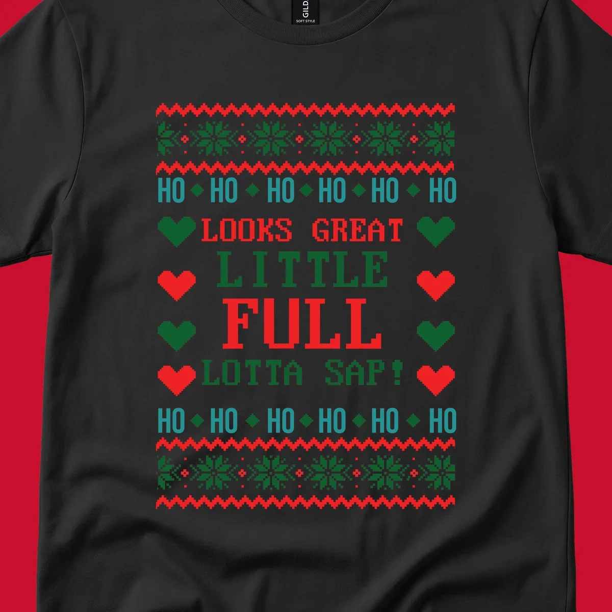 Pixelated ugly Christmas sweater design with 'Ho Ho Ho Lotta Sap!' text and holiday graphics.