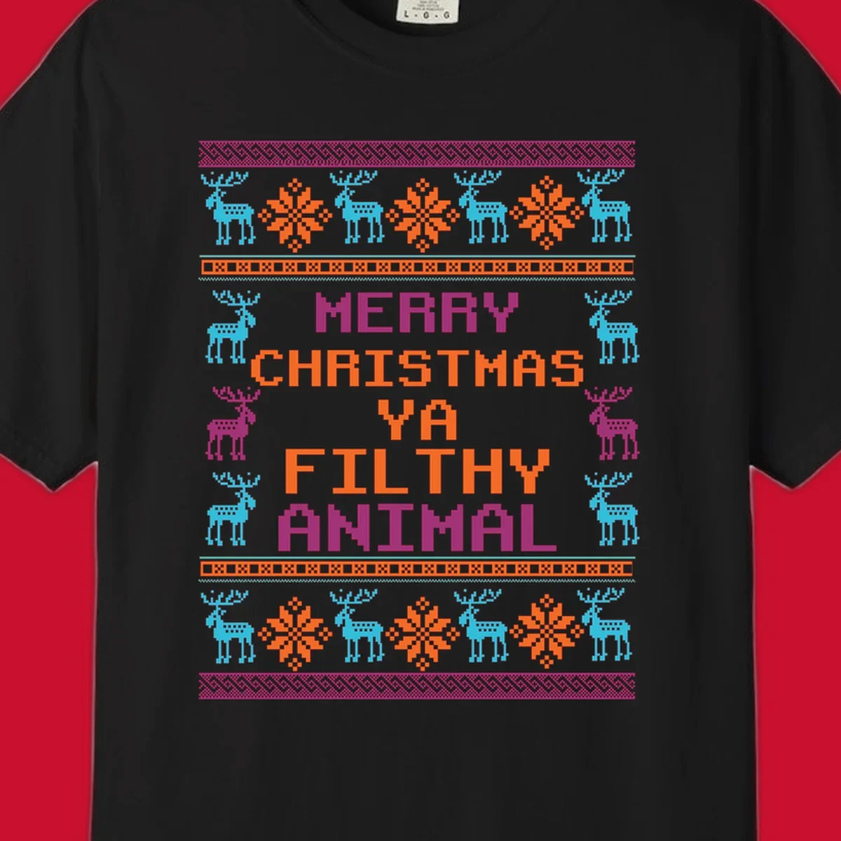 Filthy animal christmas pixel art design with reindeer and snowflakes.
