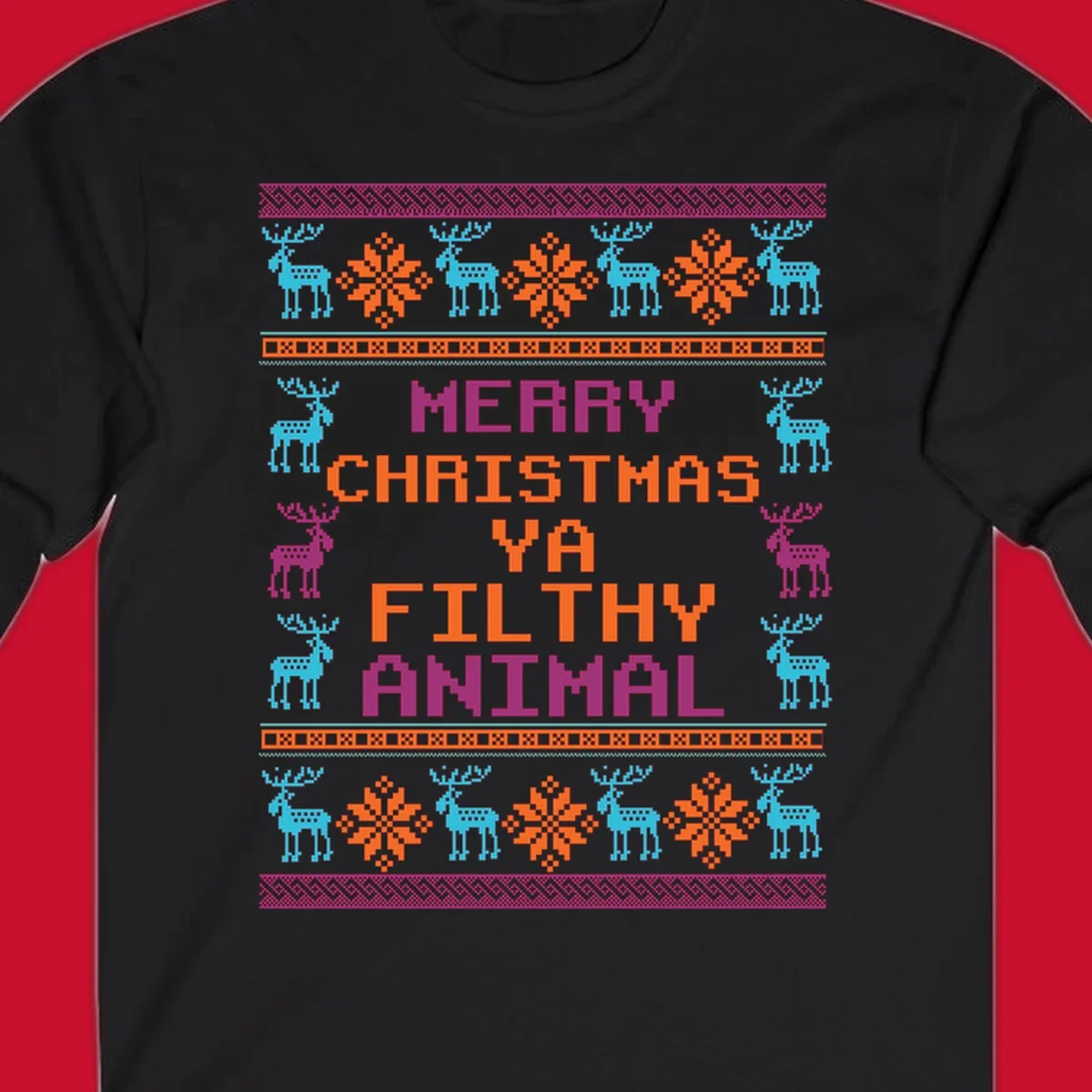 Filthy animal christmas pixel art design with reindeer and snowflakes.