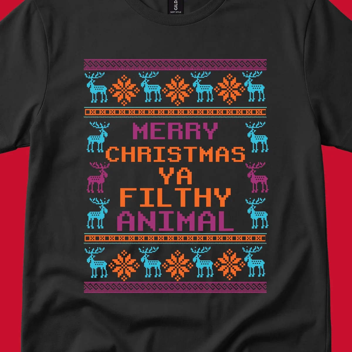 Filthy animal christmas pixel art design with reindeer and snowflakes.
