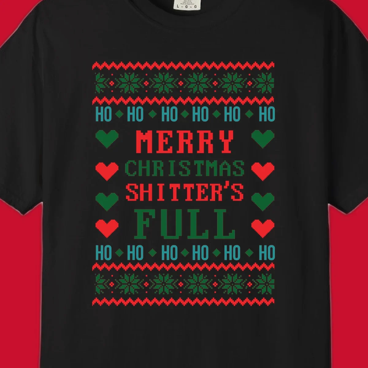 Pixelated text and holiday elements in a Merry Christmas Shitter's Full design.
