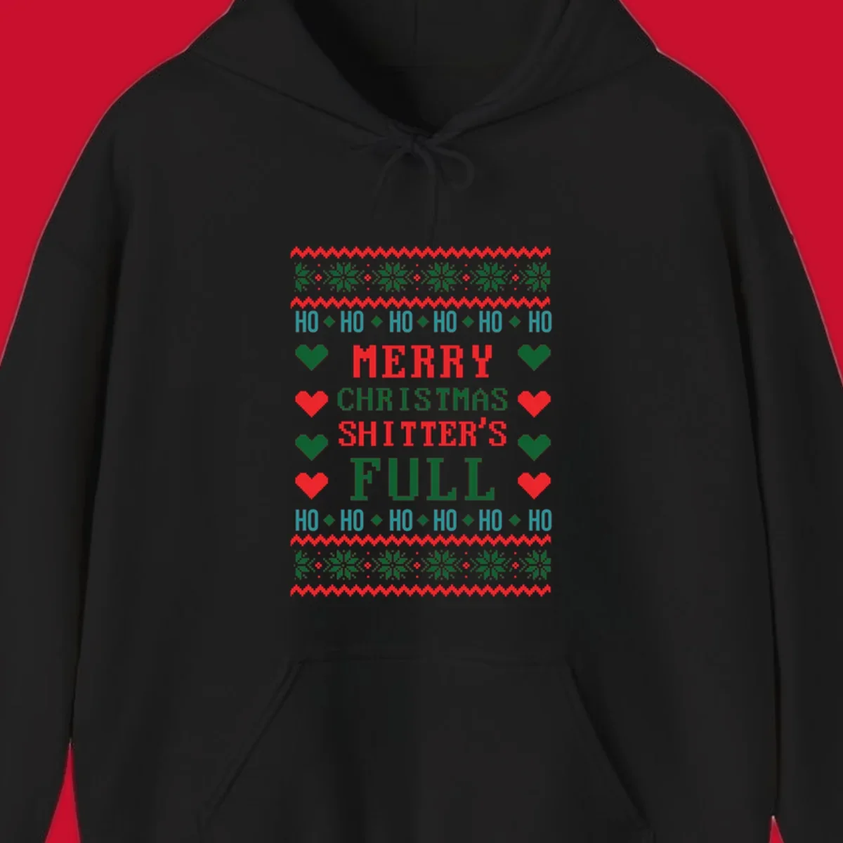 Pixelated text and holiday elements in a Merry Christmas Shitter's Full design.