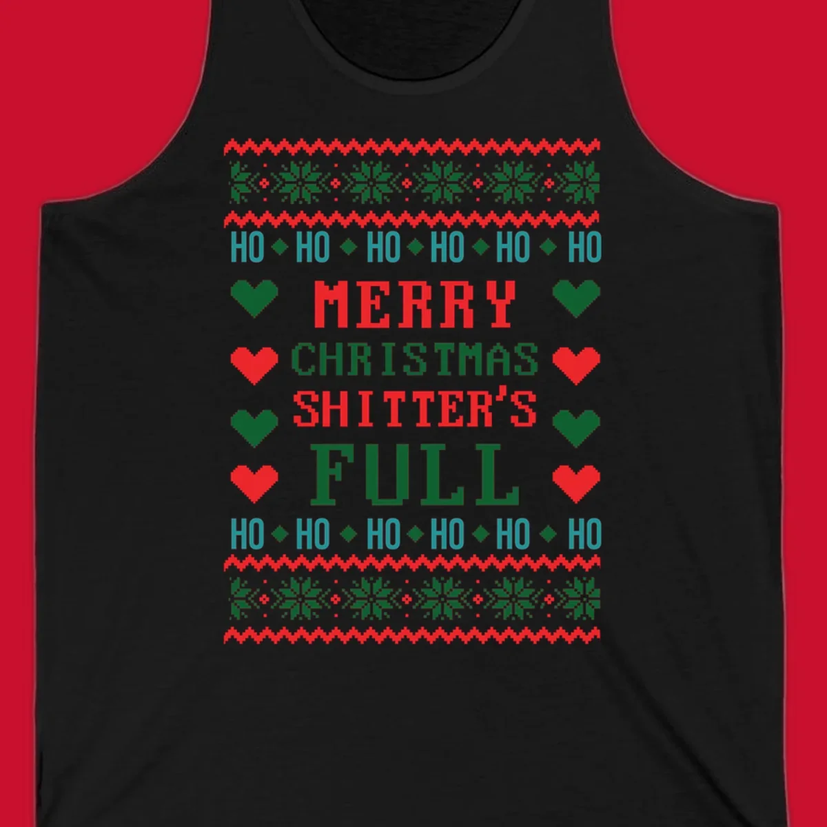 Pixelated text and holiday elements in a Merry Christmas Shitter's Full design.