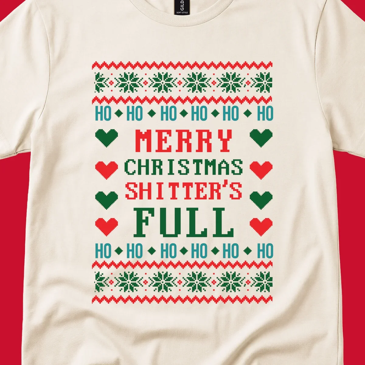 Pixelated text and holiday elements in a Merry Christmas Shitter's Full design.