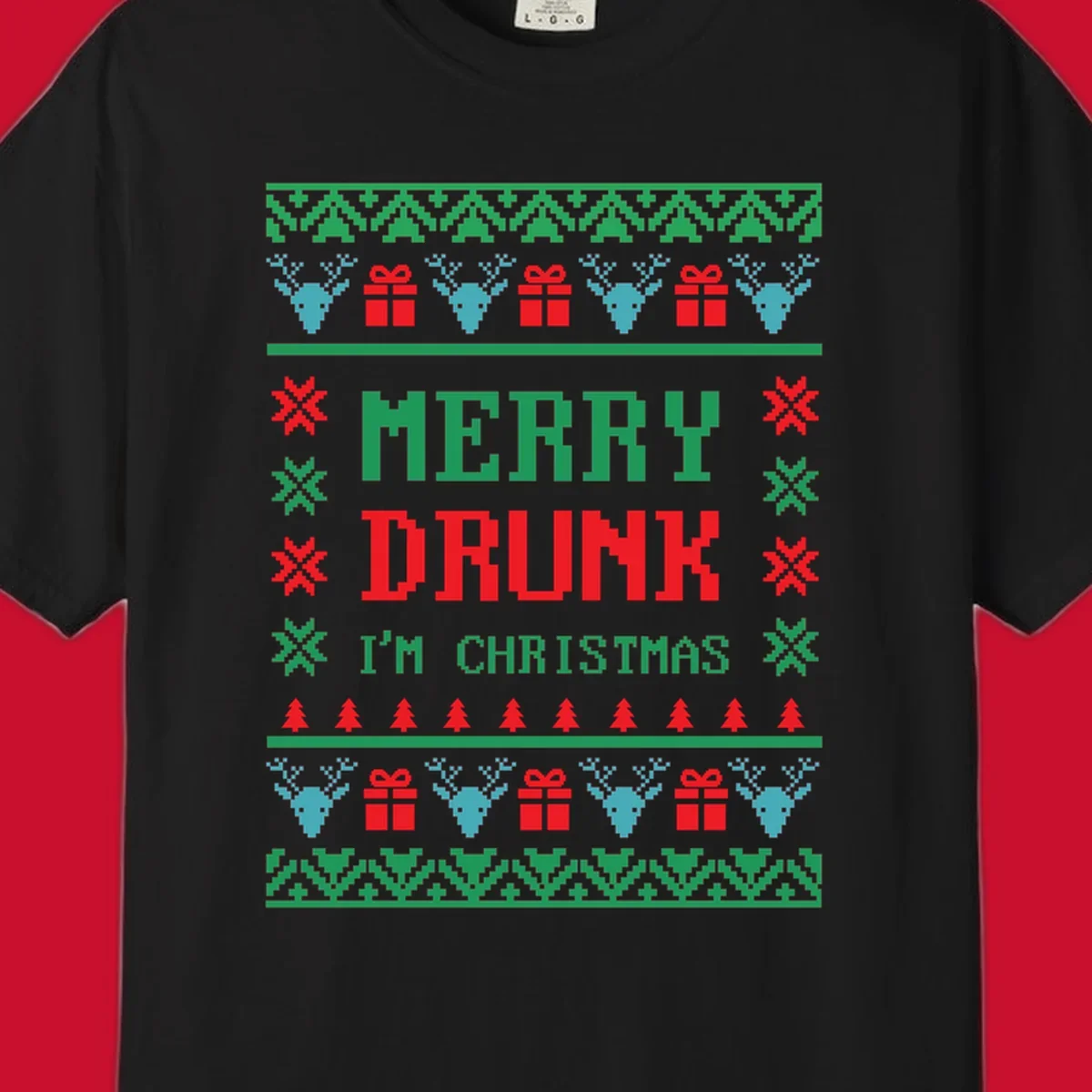 Merry Drunk I'm Christmas ugly sweater design with reindeer, gifts, and trees.
