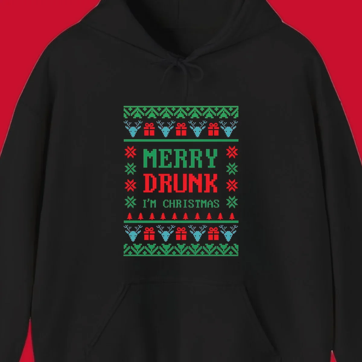 Merry Drunk I'm Christmas ugly sweater design with reindeer, gifts, and trees.