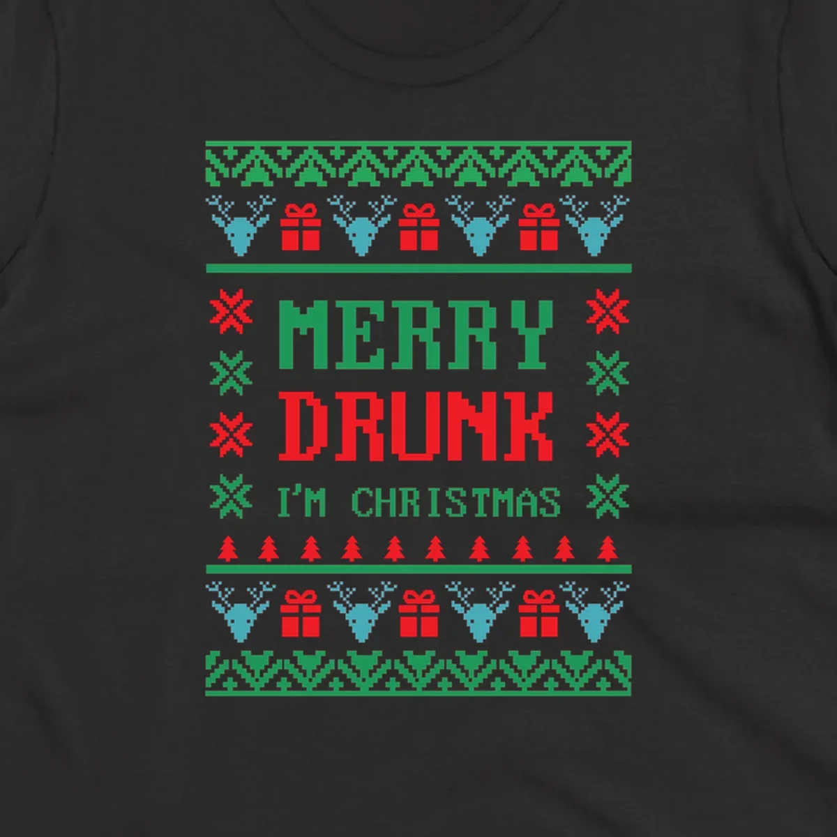 Merry Drunk I'm Christmas ugly sweater design with reindeer, gifts, and trees.