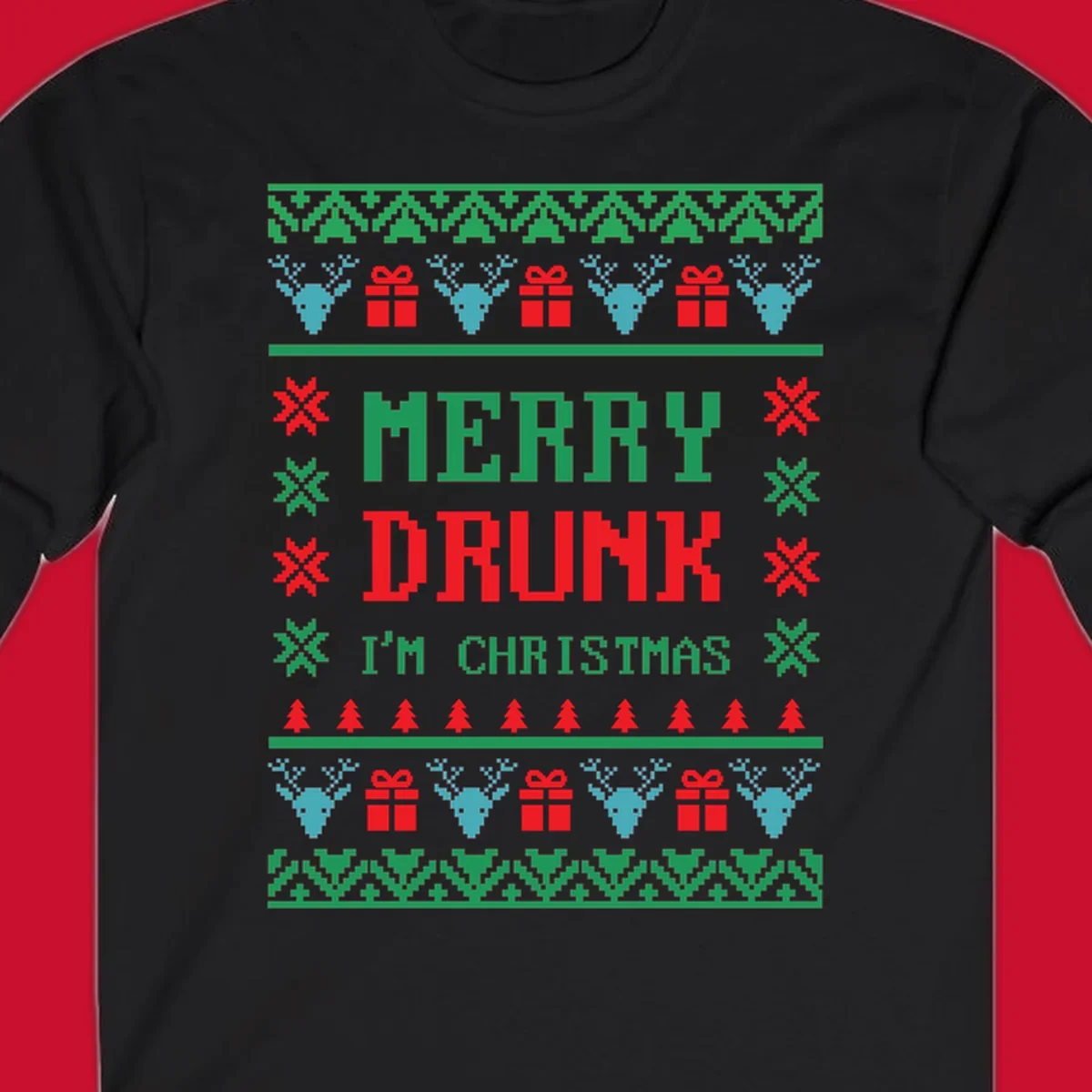 Merry Drunk I'm Christmas ugly sweater design with reindeer, gifts, and trees.