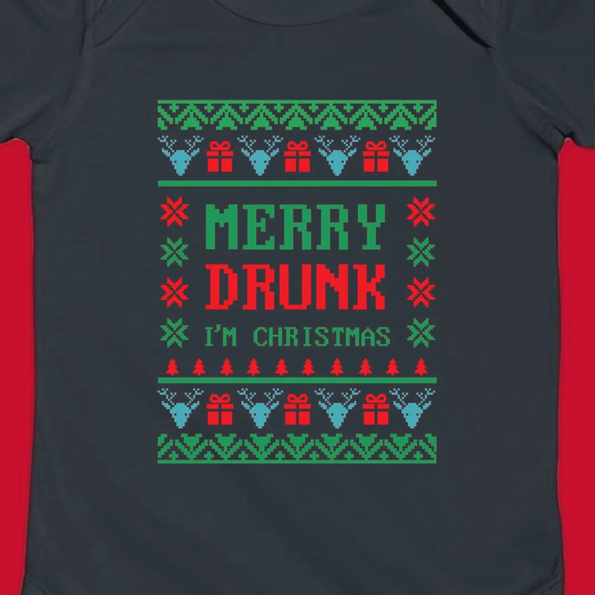 Merry Drunk I'm Christmas ugly sweater design with reindeer, gifts, and trees.