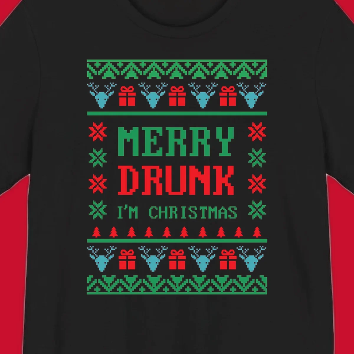Merry Drunk I'm Christmas ugly sweater design with reindeer, gifts, and trees.
