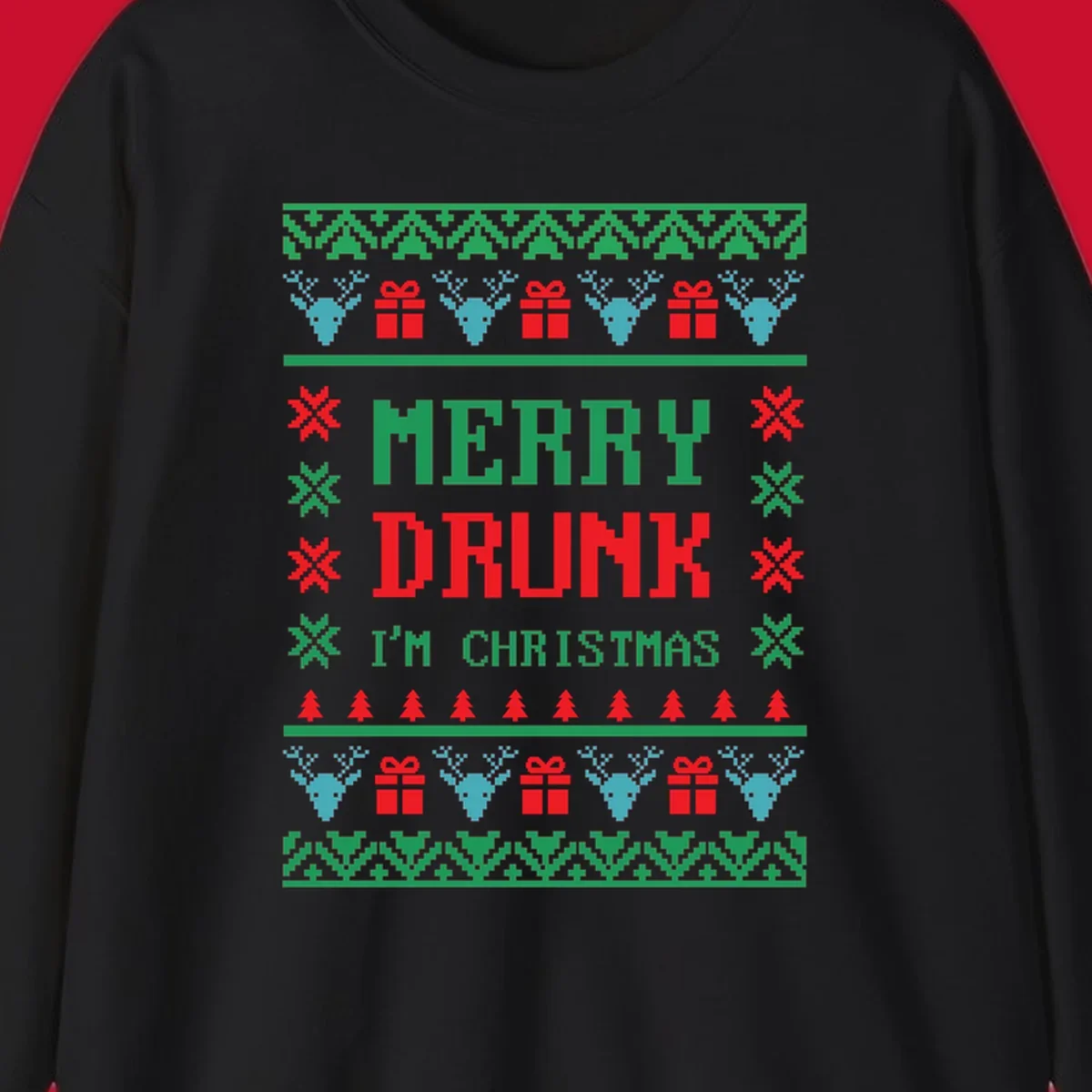 Merry Drunk I'm Christmas ugly sweater design with reindeer, gifts, and trees.