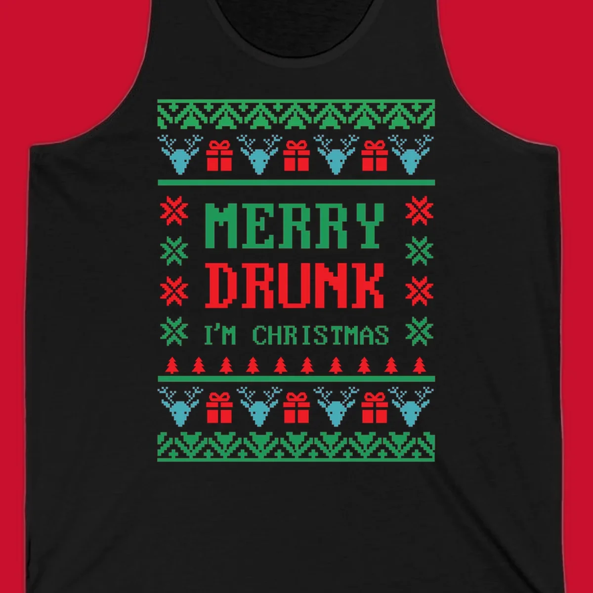 Merry Drunk I'm Christmas ugly sweater design with reindeer, gifts, and trees.